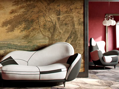 Elegant Modern Two Seater Sofa With Landscape Mural Red Wall Armchair And Patterned Floor 3d model