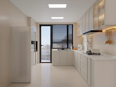 Bright Cream White Modern Kitchen With Full Storage Cabinets Complete Appliances And Large Sliding Window 3d model