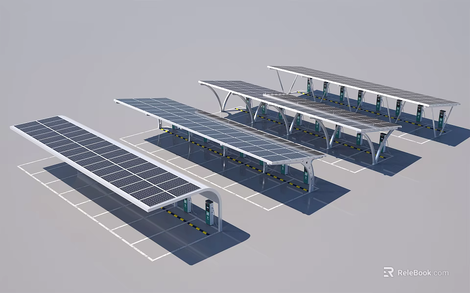 Solar Canopy Structure With Solar Panels For Parking Lot Area 3d model 