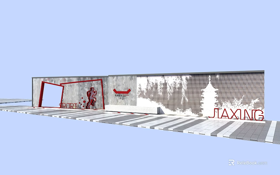 Tai Xin Feature Wall Design With Red Decorative Elements Grid Pattern And City Silhouette 3d model 
