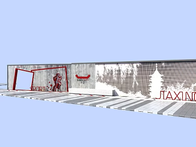 Tai Xin Feature Wall Design With Red Decorative Elements Grid Pattern And City Silhouette 3d model