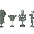 Ancient Ceramic Vessels With Intricate Carvings Mask Container And Bird Shaped Decorations