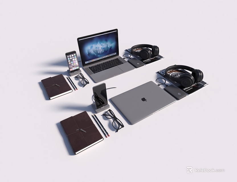 Elegant Laptop Setup With Wireless Headphones Smartphone Leather Notebook Pen And Glasses 3d model 