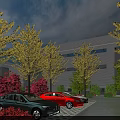 Modern Industrial Factory Building Featuring Autumn Trees Parking Lot And Parked Cars Under Blue Sky