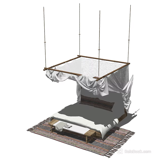 Cozy Double Bed With Hanging Canopy White Draped Fabric Small Table And Woven Rug 3d model 