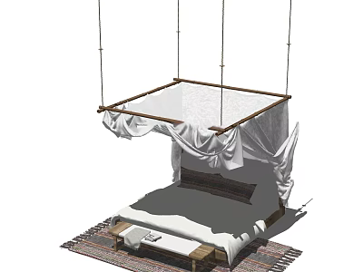 Cozy Double Bed With Hanging Canopy White Draped Fabric Small Table And Woven Rug 3d model