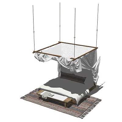 Cozy Double Bed With Hanging Canopy White Draped Fabric Small Table And Woven Rug 3d model