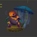 Cartoon Game Movie Character Holding Blue Object With Orange Head Black Body And Glowing Mushroom