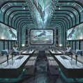 Stylish Modern KTV Lounge With Comfortable Sofas Large Screens Circular Window And Futuristic Lighting Design