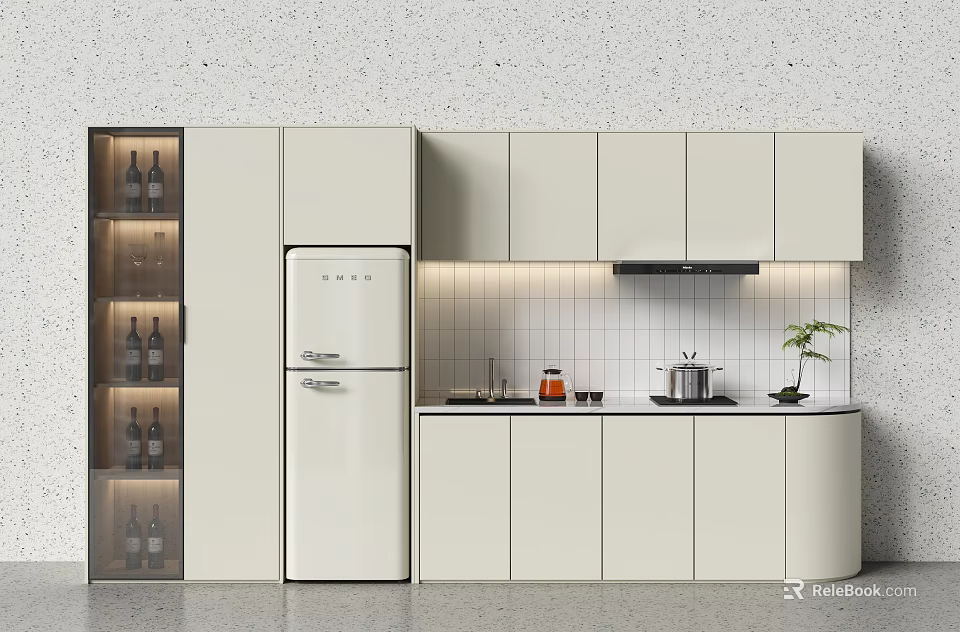 White Kitchen Cabinets With Glass Door Wine Storage Retro Refrigerator And Tile Backsplash 3d model 