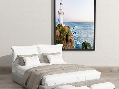 Double Bed With White Bedding Large Lighthouse Seaside Painting Light Colored Wall Wooden Floor 3d model