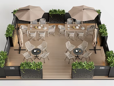 Stylish Outdoor Table Setup With Two Umbrellas Chairs On Wooden Deck And Green Plants 3d model