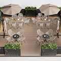 Stylish Outdoor Table Setup With Two Umbrellas Chairs On Wooden Deck And Green Plants