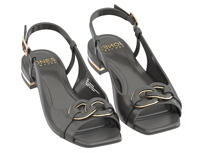 Women's Black Leather Sandals with Gold Chain Buckle Block Heel Square Toe Ankle Strap 3d model