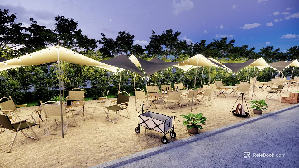 Garden Landscape With Outdoor Canopies Chairs Tables Trees And Potted Plants On Sandy Ground 3d model 