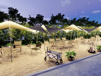Garden Landscape With Outdoor Canopies Chairs Tables Trees And Potted Plants On Sandy Ground 3d model