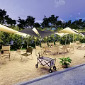 Garden Landscape With Outdoor Canopies Chairs Tables Trees And Potted Plants On Sandy Ground