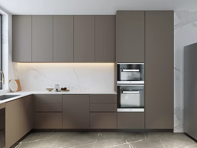 Modern Kitchen Interior With Gray Cabinets Marble Countertops And Built In Ovens 3d model