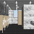 Modern Public Restroom Interior With Marble Walls Sinks Mirrors And Wooden Stalls