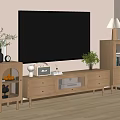 Minimalist Wooden TV Stand With Large TV Side Cabinet Table Lamp And Potted Plant
