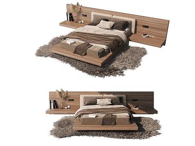 Modern Double Bed With Wooden Headboard Bedside Tables Pillows Soft Rug And Decorative Plant 3d model