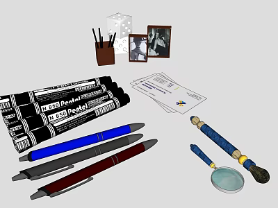 Office Stationery Collection With Pens Pen Holder Papers Magnifying Glass And Seal 3d model