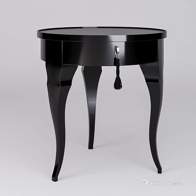 Black Functional Table With Round Top Curved Legs And Drawer Tassel Handle 3d model 