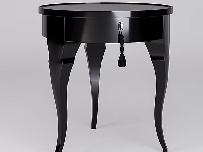 Black Functional Table With Round Top Curved Legs And Drawer Tassel Handle 3d model