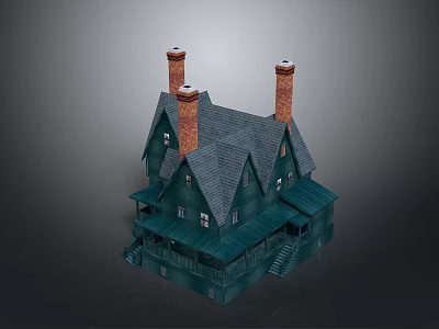 Dark Green Gabled Roof House with Three Chimneys Wooden Porch and Multiple Windows 3d model