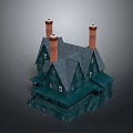 Dark Green Gabled Roof House with Three Chimneys Wooden Porch and Multiple Windows