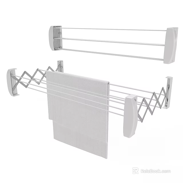 White Foldable Wall Mounted Laundry Drying Rack With Hanging Towel And Towel Holder 3d model 
