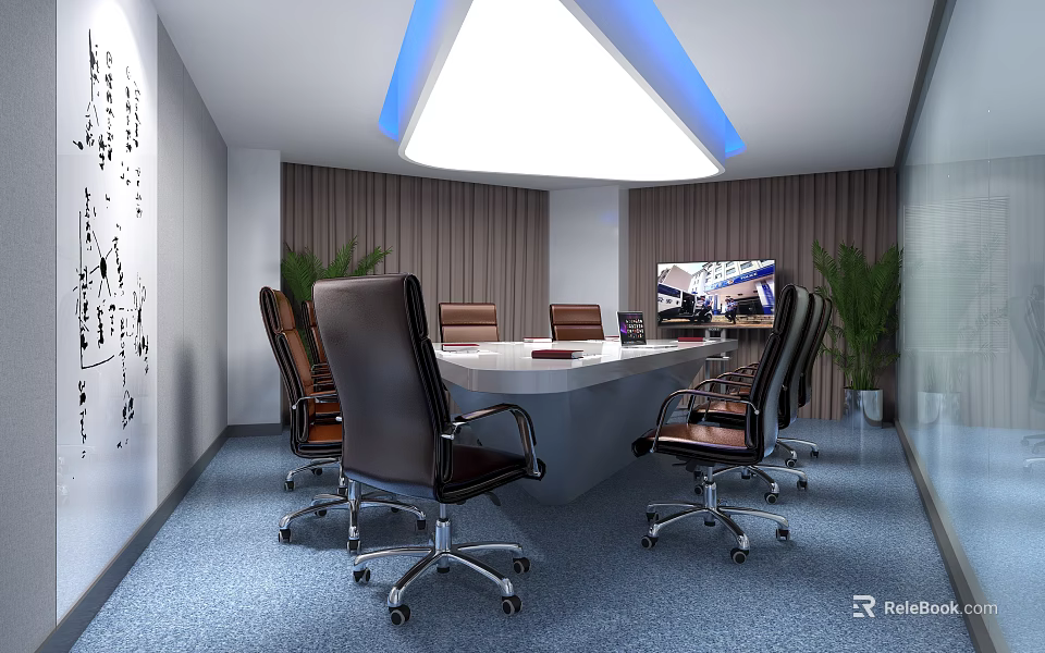 Modern Conference Room With Conference Table Office Chairs Ceiling Light And Plants 3d model 