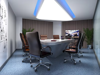 Modern Conference Room With Conference Table Office Chairs Ceiling Light And Plants 3d model