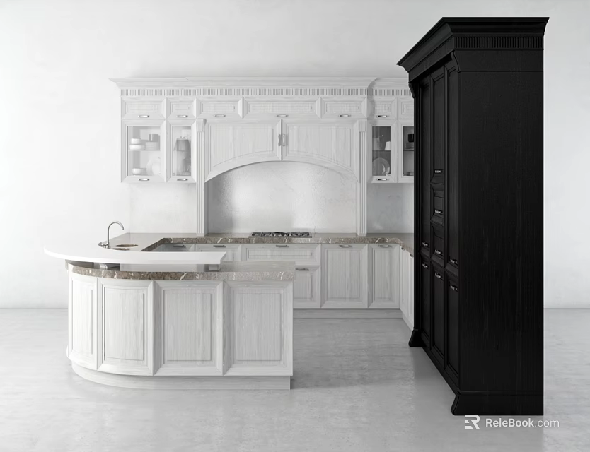 Modern Kitchen Interior With White Cabinets Black Cabinet And Island Counter 3d model 