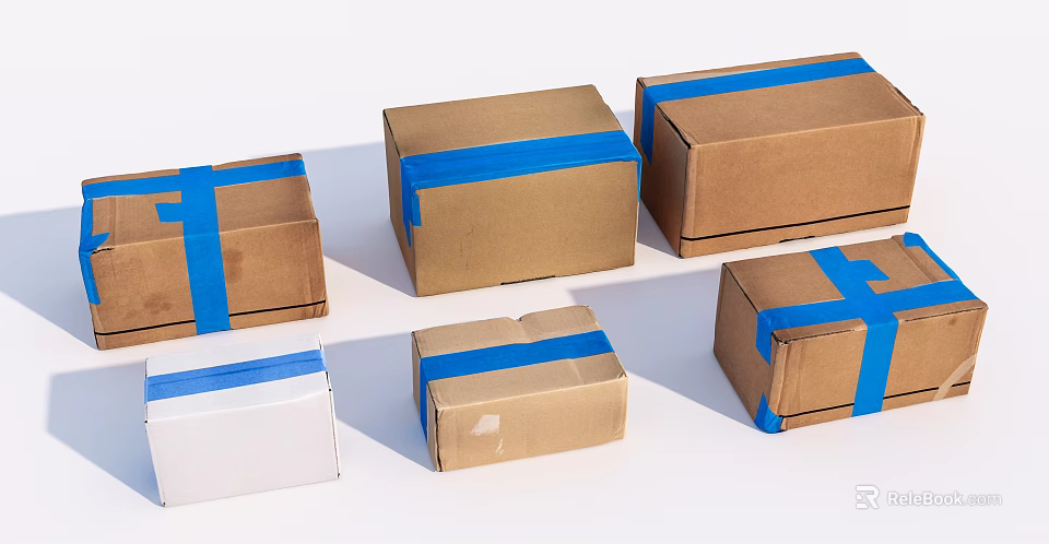 Multiple Brown And White Cardboard Boxes Secured With Blue Tape Arranged Neatly 3d model 