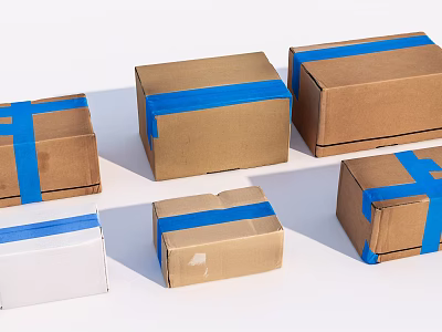 Multiple Brown And White Cardboard Boxes Secured With Blue Tape Arranged Neatly 3d model