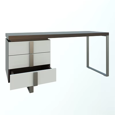 Modern Desk With Dark Wood Top White Drawers And Metal Frame Featuring Open Drawer 3d model