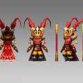 Fantasy Game Character With Multiple Poses Red Gold Costume Cloak Horned Design And Staff Weapon