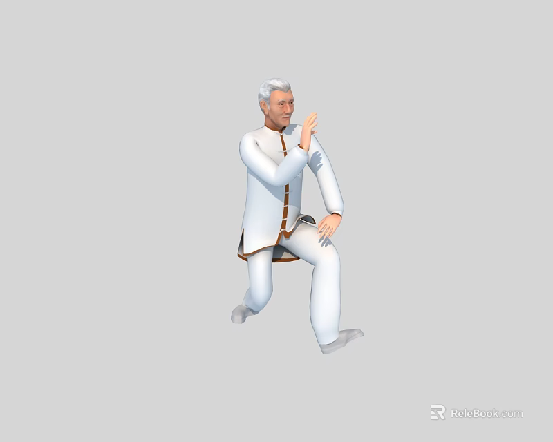 Old Man In White Traditional Clothing Practicing Tai Chi With Squatting Martial Arts Pose 3d model 