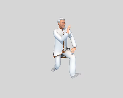 Old Man In White Traditional Clothing Practicing Tai Chi With Squatting Martial Arts Pose 3d model