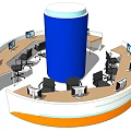 Curved Modern Reception Desk Featuring Blue Cylinder White Orange Countertop Computer Monitors And Black Chairs