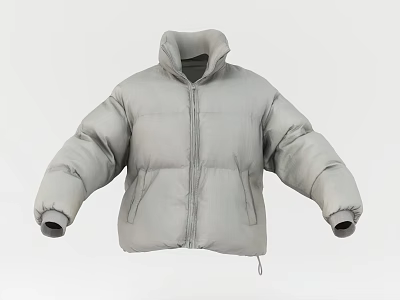 Gray Puffer Jacket With High Collar Zipper And Side Pockets Design 3d model