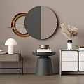 Modern Bedside Tables with Metal Legs Drawer Cabinet and Decorative Dried Flowers Near Round Mirrors
