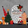 Festive Christmas Decoration Setup With White Balloon Wall Santa Claus Figure Gift Boxes And Trees