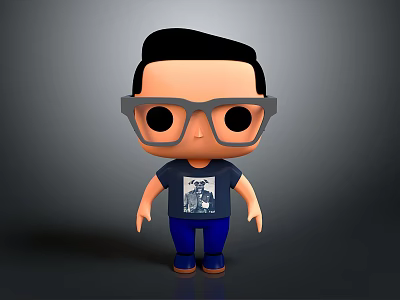 Animated Cartoon Character With Gray Glasses Printed T-shirt And Blue Pants 3d model