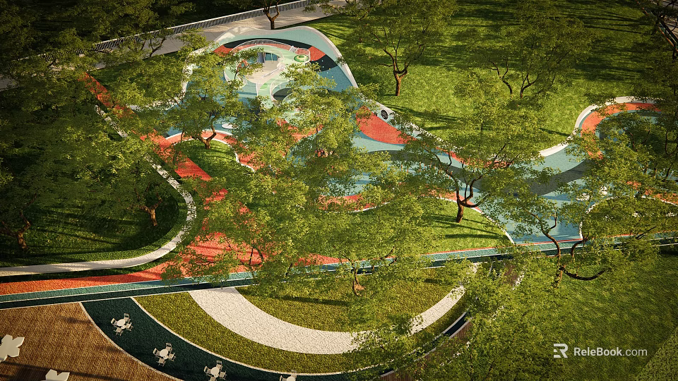 Colorful Children's Play Area Design With Green Lawn Trees And Curved Paths 3d model 