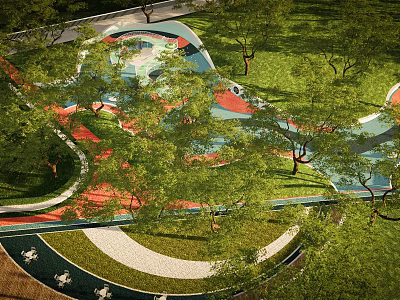 Colorful Children's Play Area Design With Green Lawn Trees And Curved Paths 3d model