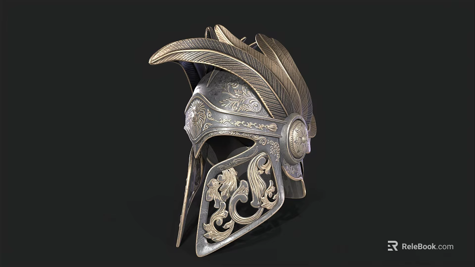 Ancient Warrior Helmet With Feather Plume And Intricate Roman Greek Engravings Design 3d model 