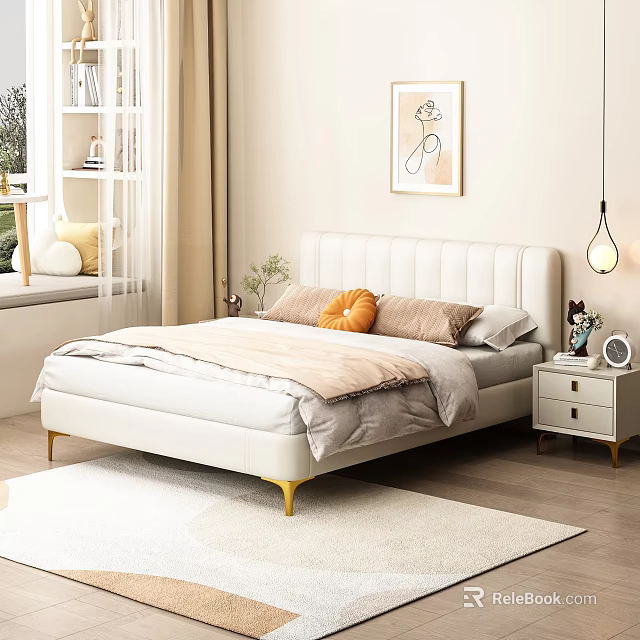 White Upholstered Headboard Double Bed with Gold Legs and Orange Pillow in Modern Bedroom 3d model 