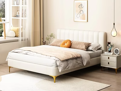 White Upholstered Headboard Double Bed with Gold Legs and Orange Pillow in Modern Bedroom 3d model